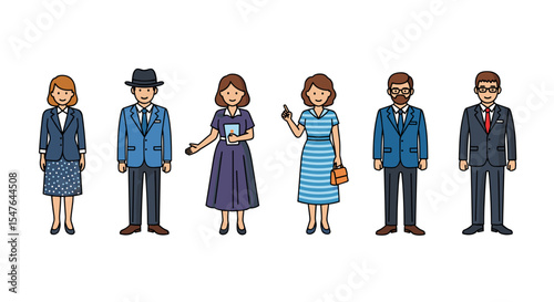 Illustration of six people standing in a row wearing formal attire and various accessories shown
