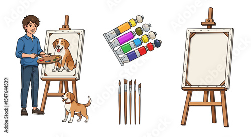 An artist painting a dog on a canvas with paints and brushes next to another dog and blank canvas