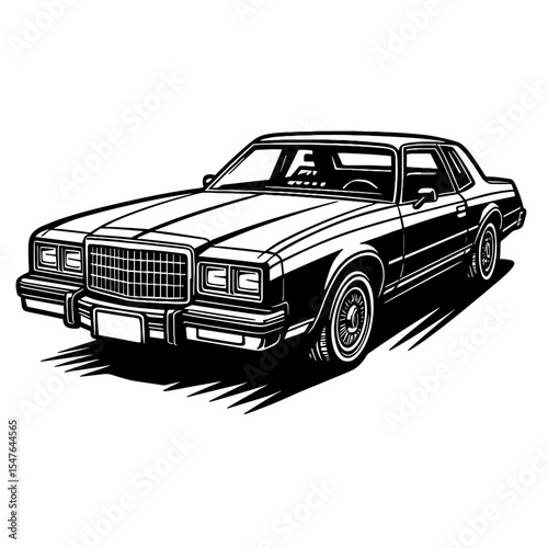Classic luxury sedan front angle black and white vector illustration with vintage boxy design
