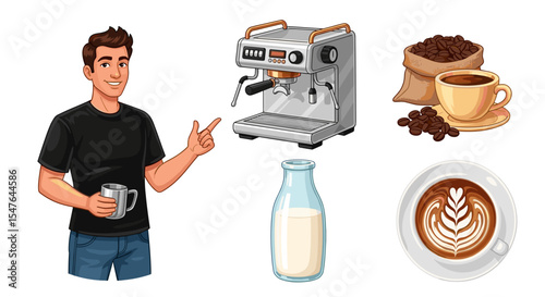 A man making coffee with an espresso machine, milk, beans, and a latte art, in a cartoon illustration