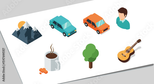 Isometric illustration featuring cars, mountain, sun, coffee, tree, guitar, and a person on a white surface