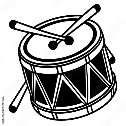 A drum with drumsticks isolated on white background in black and white
