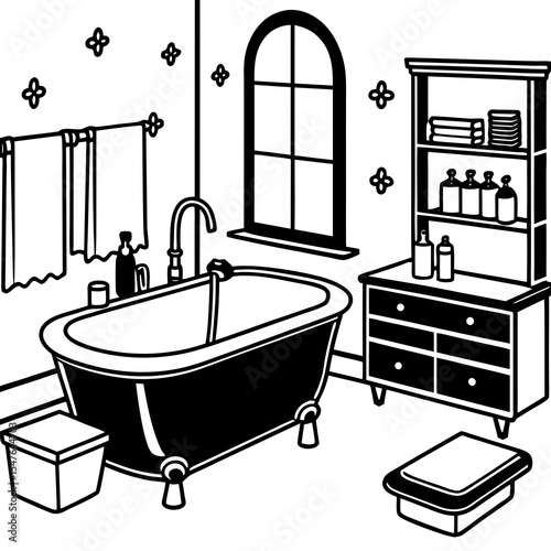 Black and white bathroom interior with bathtub and furniture