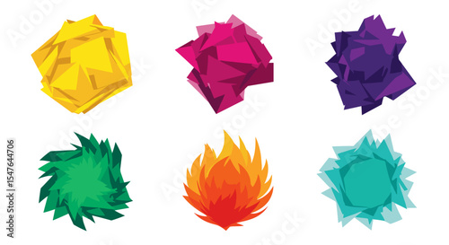 Illustration of six abstract polygonal shapes in various colors on a white background art design