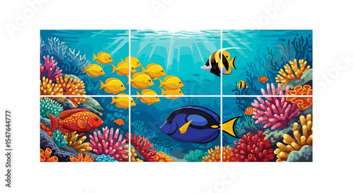 An underwater scene with coral reefs and various colorful fish swimming in the ocean depths view