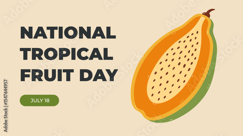 Horizontal minimalistic banner for National Tropical Fruit Day with cut in half papaya cartoon clipart. Simple holiday illustration in pastel colors for poster, website background, social media.