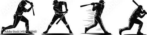 Silhouette vector of baseball players set swinging bat and hitting ball in dynamic action poses