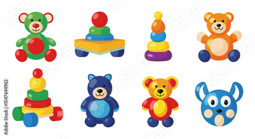 Collection of colorful toys featuring teddy bears and stacking rings on a white background image scene