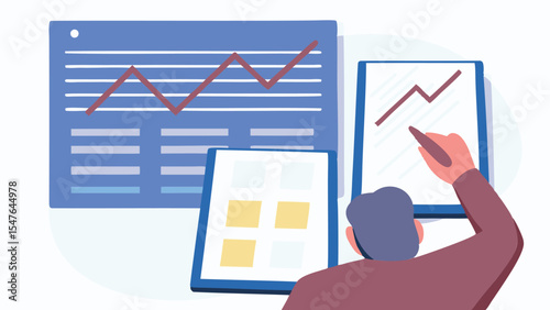 Person analyzing data on graphs and charts with pen in hand for business and financial review process