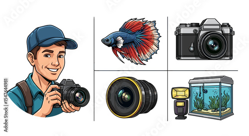 Illustration showing a photographer, betta fish, camera, lens, flash and aquarium setup for photography