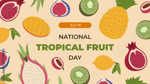 Horizontal vibrant banner for National Tropical Fruit Day with cartoon clipart of juicy fruits from tropics. Colourful holiday poster, website banner, social media post with pomegranate, kiwi, lemon