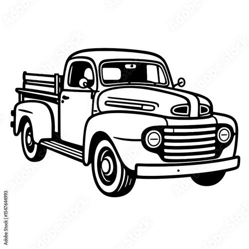 Classic retro pickup truck in black and white vector style, front three-quarter view with vintage detailing, ideal for automotive design and nostalgia themes
