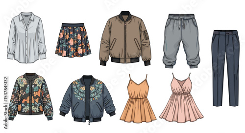Illustration of various clothing items including shirts, skirts, jackets, pants and dresses