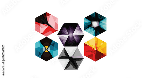 Arrangement of seven abstract hexagonal shapes in various colors on a white plain background space