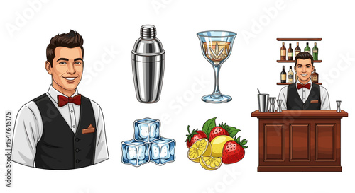 Illustration of a bartender with cocktail shaker, glass, ice, and fruits on a white background