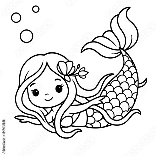 Adorable cartoon mermaid swimming with bubbles, black and white vector illustration for children’s coloring books and underwater fantasy themes
