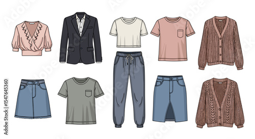 Illustration of a set of women's clothing including skirts, tops, pants, a blazer, and cardigans drawn