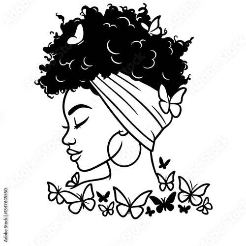 Stylized black woman with headwrap, hoop earrings, and butterflies, black and white vector illustration for empowerment and beauty designs
