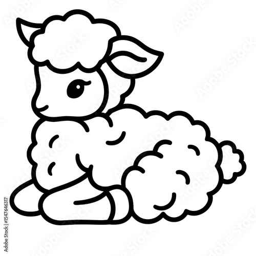 Cute cartoon lamb lying down line art vector, fluffy baby sheep illustration for kids coloring books and farm-themed educational materials
