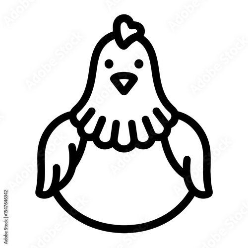 Cartoon hen line art vector, cute farm bird illustration with wings and comb for children’s coloring books and educational barnyard themes
