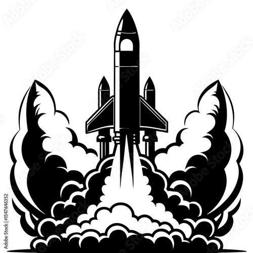 Rocket launch with smoke isolated on white background in black and white