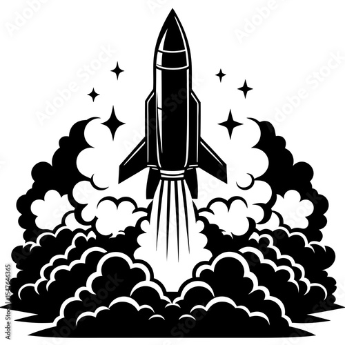 Rocket launch with smoke and stars isolated on white background