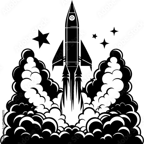 Rocket launch with smoke and stars isolated on white background