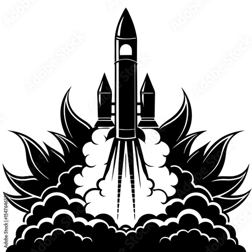 Rocket launch with smoke isolated on white background in black and white