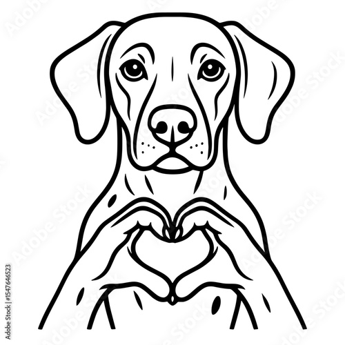 Cute cartoon dog making heart hands gesture line art, friendly pet vector illustration for coloring pages, valentine designs, and animal-themed artwork
