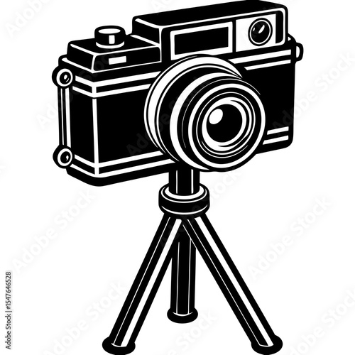Vintage camera on a tripod isolated on white background