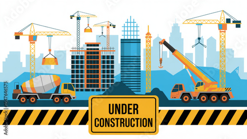 Construction Site Illustration Featuring Cranes Buildings and Heavy Equipment Under Construction Urban Skyline