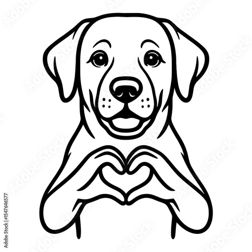 Cute Labrador retriever dog making heart hands gesture cartoon line art, friendly pet illustration for coloring pages and animal-themed designs
