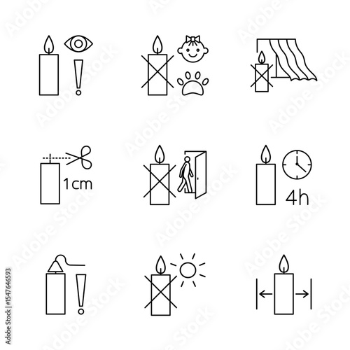 Candle safety icons for labels. Linear, editable stroke