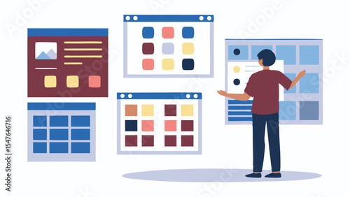 Person presenting multiple browser windows with different layouts and color schemes in a presentation