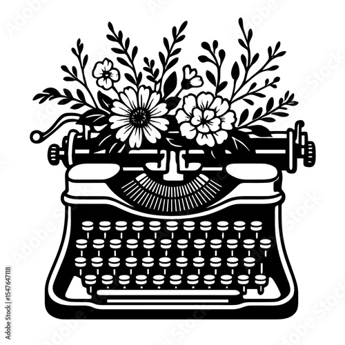 Black and white vector illustration of a vintage typewriter with lush botanical flower bouquet in hand-drawn style
