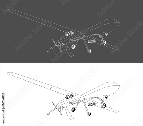 Isometric view UAV Kamikaze Drone blueprint technical line drawing. Unmanned Military Drone isolated on gray and transparent background