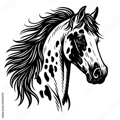 Black and white vector illustration of an Appaloosa horse head with spotted coat and flowing mane in sketch style
