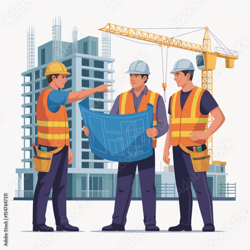 Construction Workers Reviewing Blueprint at a Modern Building Site Under a Crane