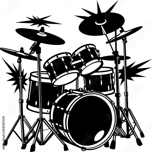 Drum set with cymbals isolated on white background