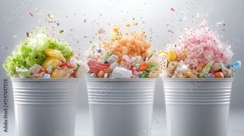A vibrant composition of overflowing trash bins filled with colorful waste, demonstrating the impact of consumerism and waste management, Ideal for sustainability articles or eco-awareness campaigns,