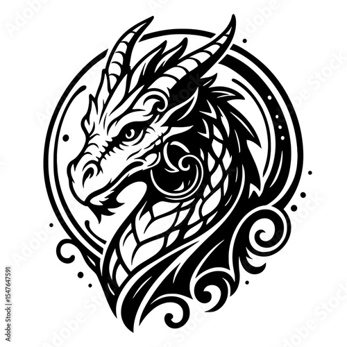 Fierce dragon head in black and white vector style with ornamental circular frame, fantasy creature line art for tattoo, mythology, and gothic decor
