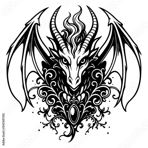 Ornamental dragon illustration with wings in black and white vector style, fantasy creature line art for tattoo, mythology, and gothic decor
