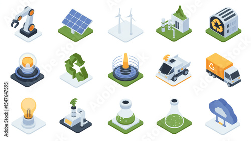 Sustainable Technology Icons Depicting Green Energy Solutions Renewable Resources Automation and Recycling for Eco Friendly Business