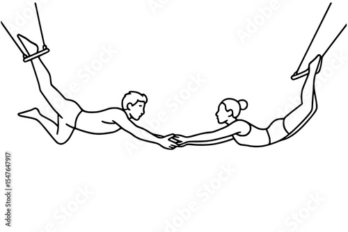 Vector Illustration of Trapeze Artists Mid-Flight