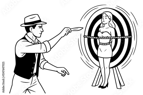Vector Illustration of Knife Throwing Circus Act