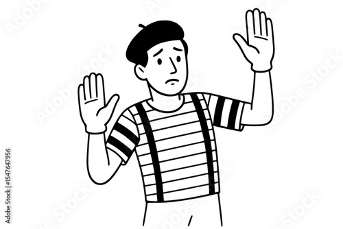 Vector Illustration of Mime Artist Trapped in Invisible Box Pose