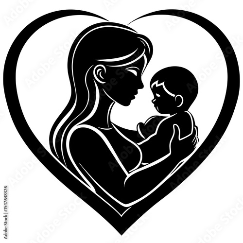 Mother holding baby in heart shaped silhouette isolated on white