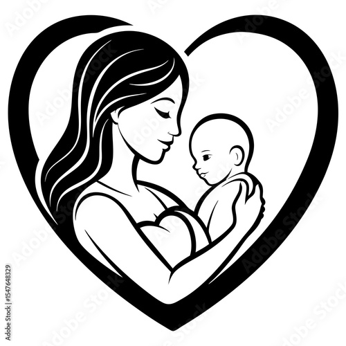 Mother holding baby in heart shaped silhouette isolated on white