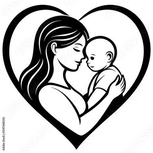 Mother holding baby in heart shaped silhouette isolated on white