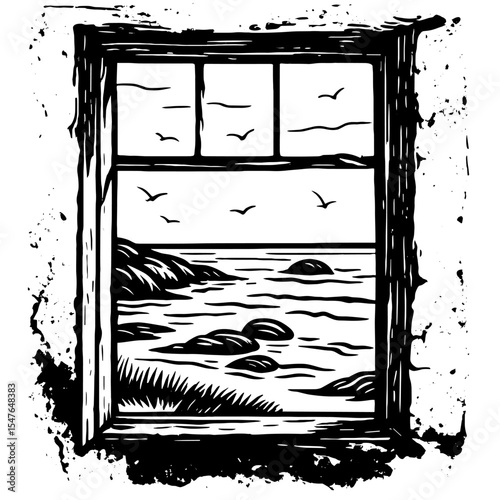 Rustic window with sea view vector illustration in black and white grunge sketch style for coastal and vintage scenic design themes
